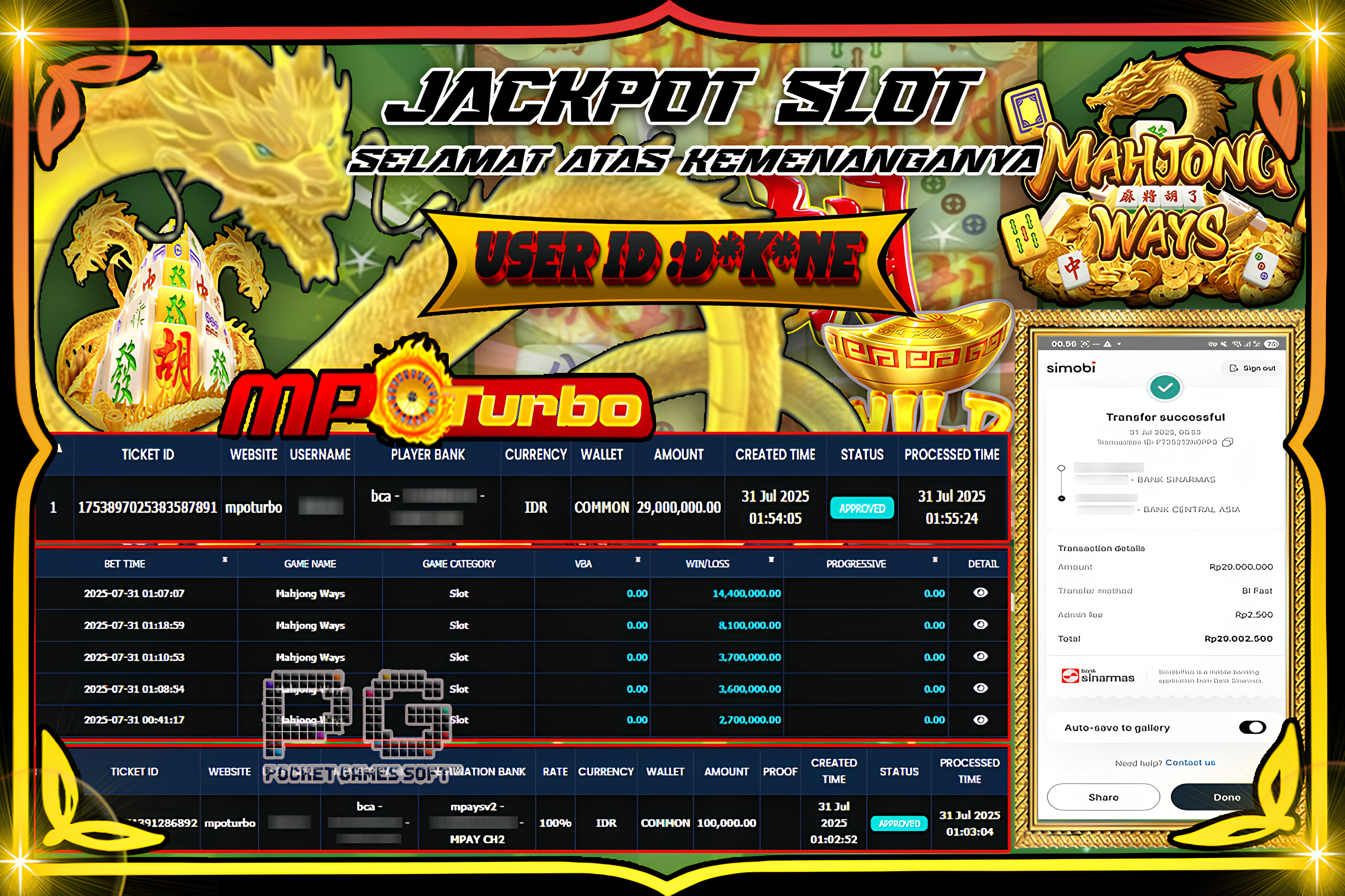 MPOTURBO JACKPOT MAHJONG WAYS 1 Rp29,000.000.00,- LUNAS